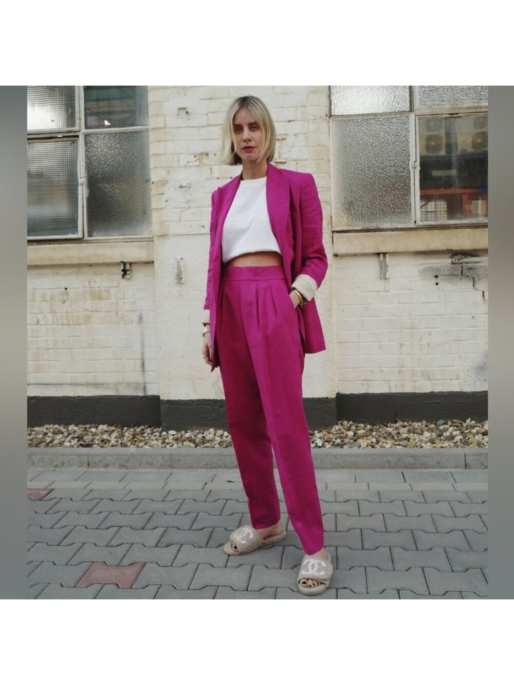 Theory Hot Pink Linen Suit Set Double Breasted Blazer & Trousers 6 - Picture 2 of 15